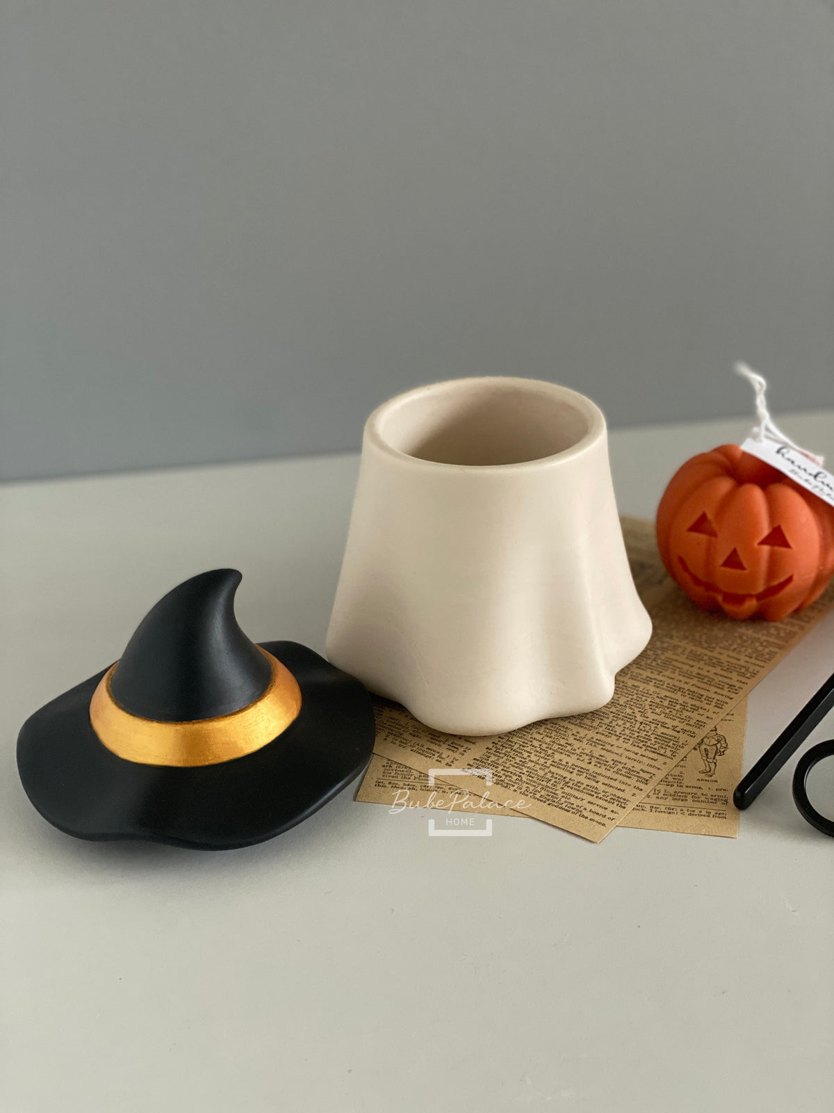 Handcrafted Halloween Witch Hat Ghost Candle