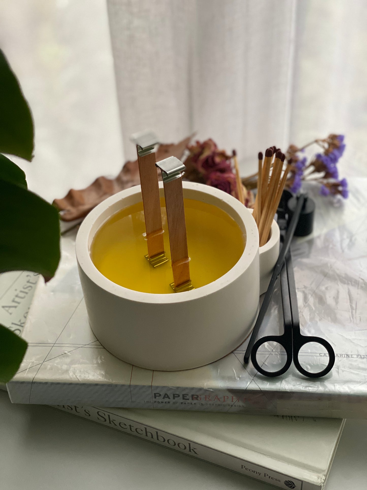 Handcrafted Large Round Candle Vessel with Match Keeper