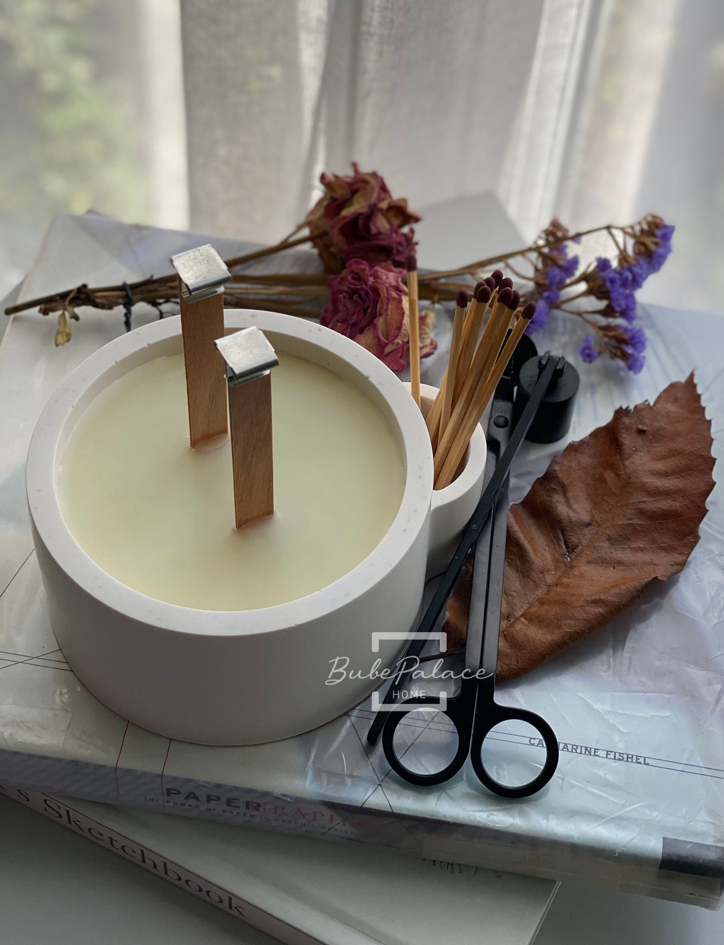 Handcrafted Large Round Candle Vessel with Match Keeper