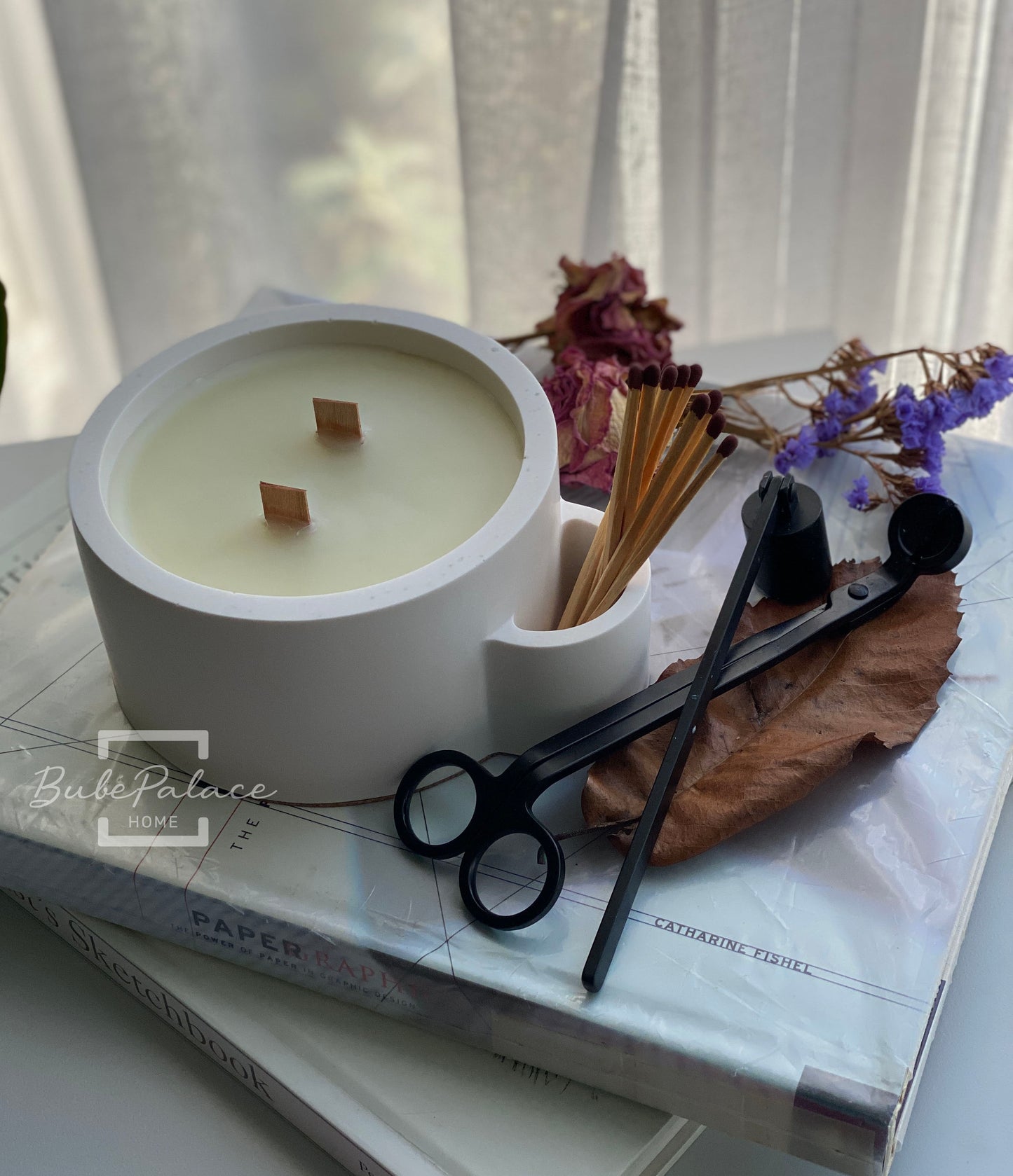 Handcrafted Large Round Candle Vessel with Match Keeper